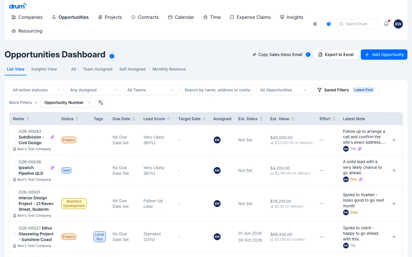 The Opportunities dashboard with the list of opportunities