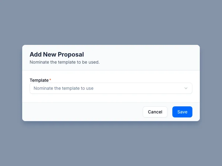 The Add New Proposal dialog with the Template field