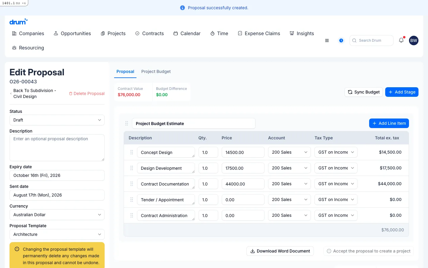 The new proposal with line items and a contract value