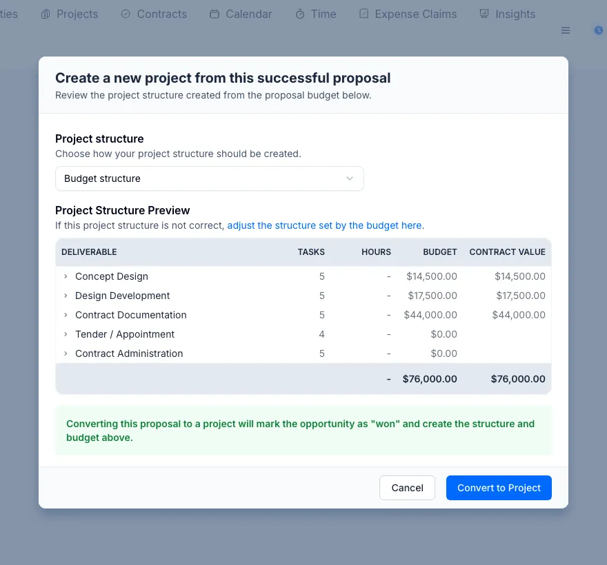 The convert-to-project preview listing deliverables, budget, and contract value