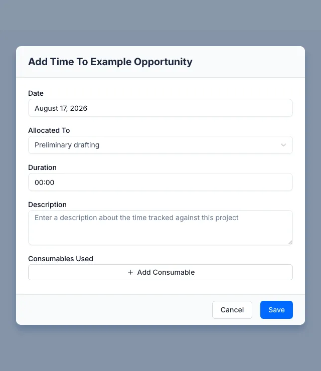 The Add Time form with date, task, duration, and description