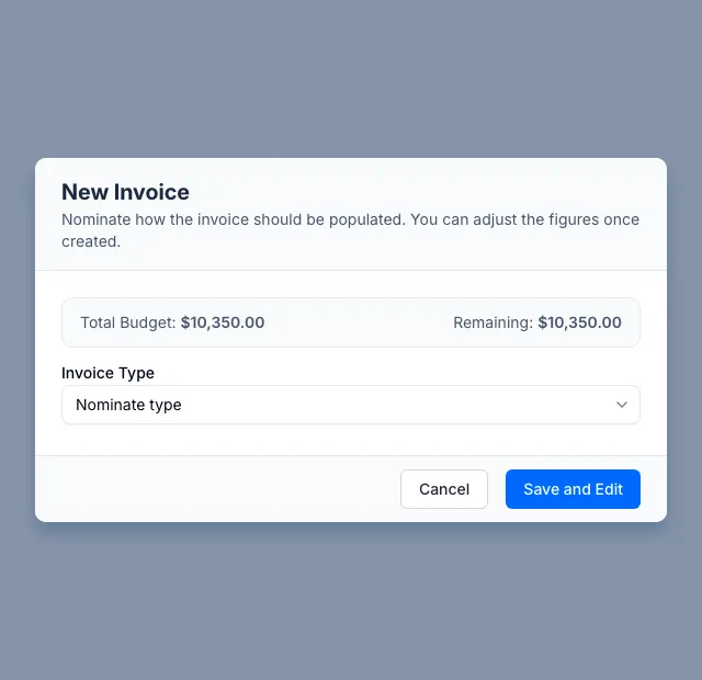 The New Invoice dialog with Invoice Type and Save and Edit